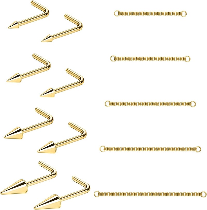 AccGin Store 20G Spike Nose Rings Studs with Chains Stainless Steel Spike Nostril Ring Stud Chain Black Rook Corkscrew Ring L-Shaped Nose Piercing Jewelry Nose Piercing Stud Lip Piercing Jewelry Black Silver Gold - Image 1